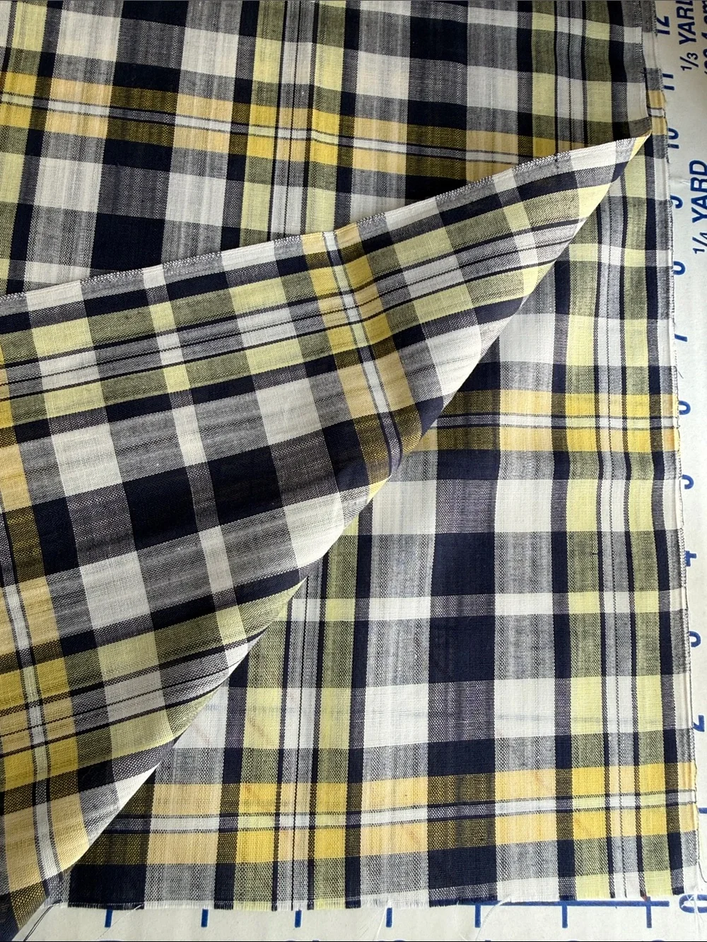 Vintage Yarn-Dyed Plaid Fabric 1 Yard x 44 Plus Bonus Remnant Navy Gray Yellow